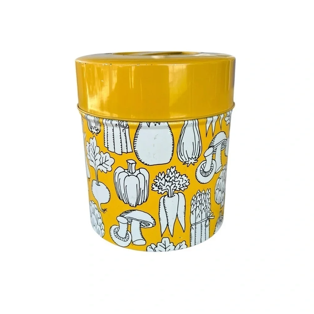 Vintage Vegetable Yellow Tin Canister OMC Japan Mushrooms Asparagus Carrots